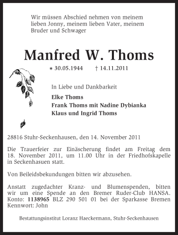 Traueranzeige von Manfred W. Thoms von KREISZEITUNG SYKE