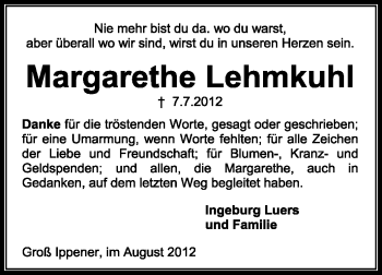 Traueranzeige von Margarete Lehmkuhl von KREISZEITUNG SYKE