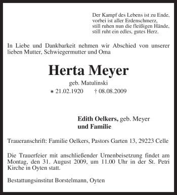 Traueranzeige von Herta Meyer von KREISZEITUNG SYKE