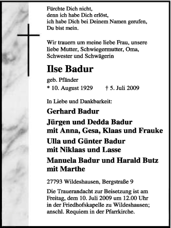 Traueranzeige von Ilse Badur von KREISZEITUNG SYKE