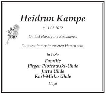 Traueranzeige von Heidrun Kampe von KREISZEITUNG SYKE