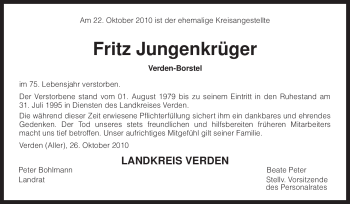 Traueranzeige von Fritz Jungenkrüger von KREISZEITUNG SYKE