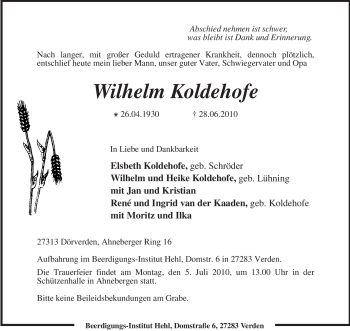 Traueranzeige von Wilhelm Koldehofe von KREISZEITUNG SYKE