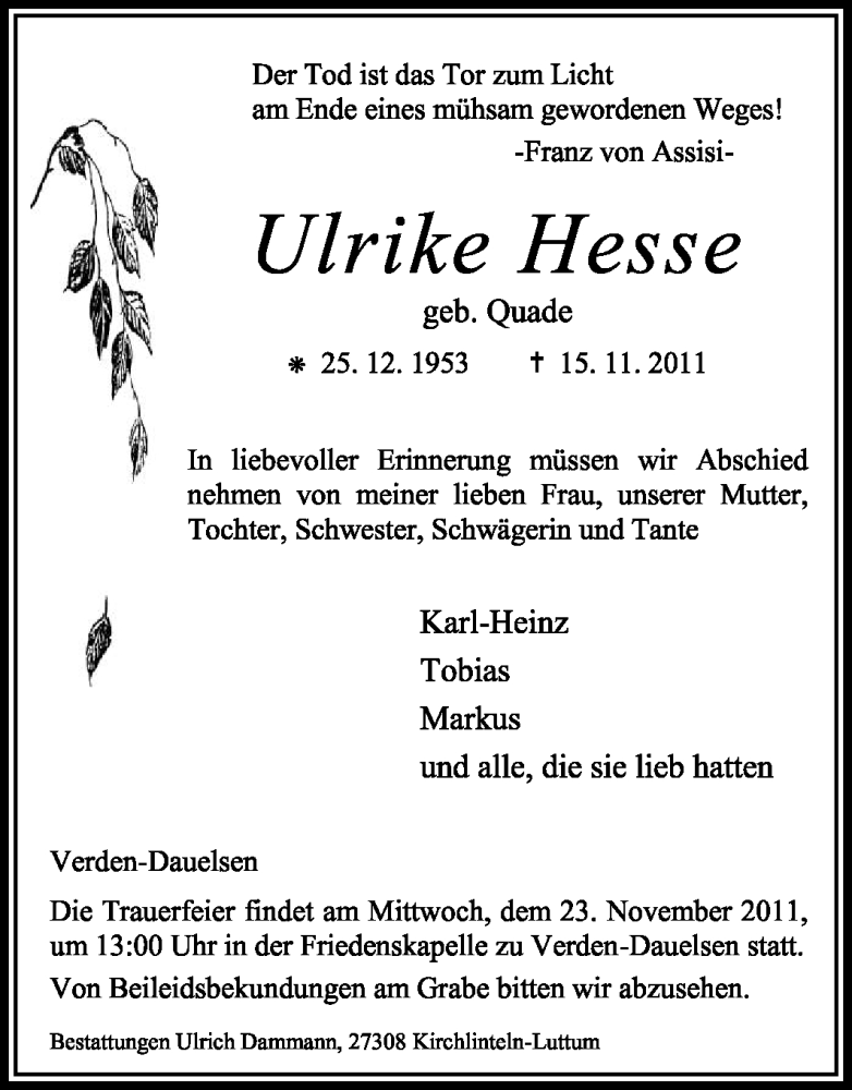 Traueranzeige für Ulrike Hesse vom 19.11.2011 aus KREISZEITUNG SYKE