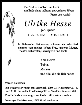 Traueranzeige von Ulrike Hesse von KREISZEITUNG SYKE