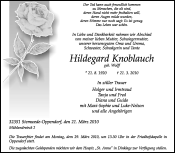 Traueranzeige von Hildegard Knoblauch von KREISZEITUNG SYKE