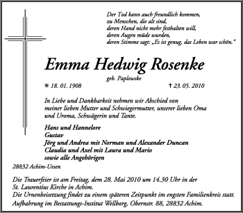 Traueranzeige von Emma Hedwig Rosenke von KREISZEITUNG SYKE