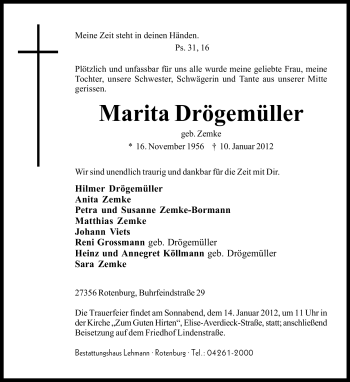 Traueranzeige von Marita Drögemüller von KREISZEITUNG SYKE