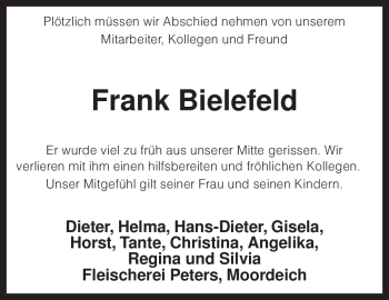 Traueranzeige von Frank Bielefeld von KREISZEITUNG SYKE