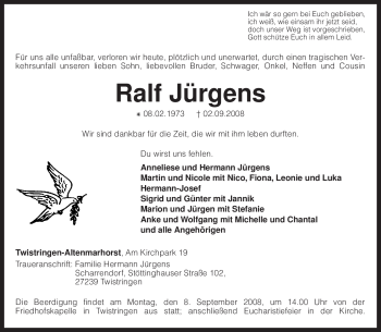 Traueranzeige von Ralf Jürgens von KREISZEITUNG SYKE