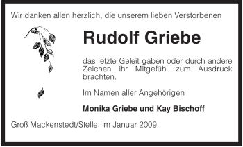 Traueranzeige von Rudolf Griebe von KREISZEITUNG SYKE