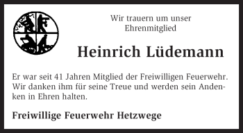 Traueranzeige von Heinrich Lüdemann von KREISZEITUNG SYKE