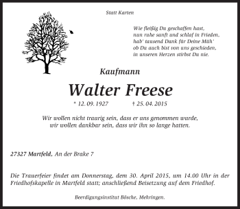 Traueranzeige von Walter Freese von KRZ