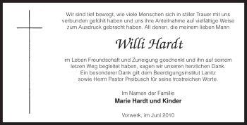 Traueranzeige von Willi Hardt von KREISZEITUNG SYKE