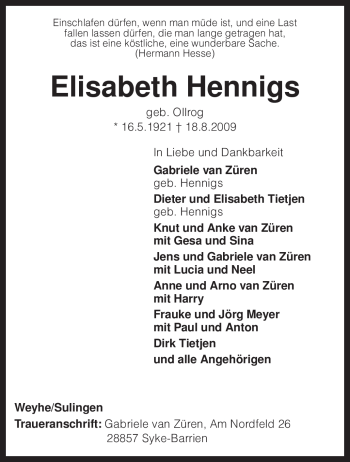 Traueranzeige von Elisabeth Hennigs von KREISZEITUNG SYKE