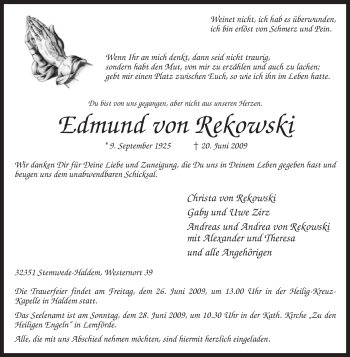 Traueranzeige von Edmund von Rekowski von KREISZEITUNG SYKE