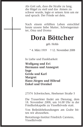 Traueranzeige von Dora Böttcher von KREISZEITUNG SYKE