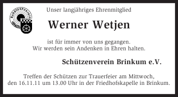 Traueranzeige von Werner Wetjen von KREISZEITUNG SYKE