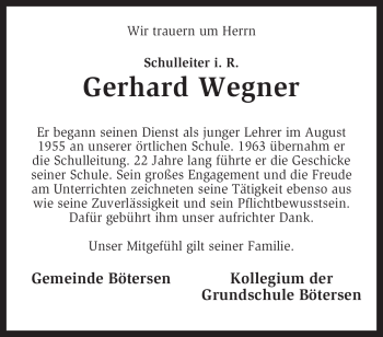 Traueranzeige von Gerhard Wegner von KREISZEITUNG SYKE