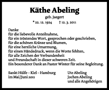 Traueranzeige von Käthe Abeling von KREISZEITUNG SYKE