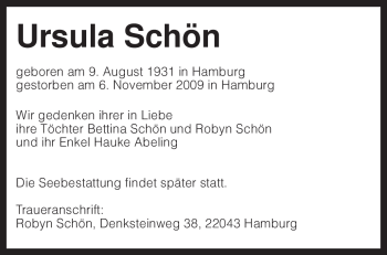 Traueranzeige von Ursula Schön von KREISZEITUNG SYKE