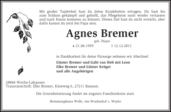 Traueranzeige von Agnes Bremer von KREISZEITUNG SYKE