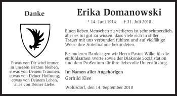 Traueranzeige von Erika Domanowski von KREISZEITUNG SYKE