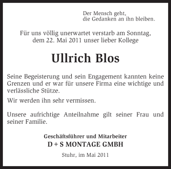 Traueranzeige von Ullrich Blos von KREISZEITUNG SYKE