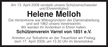 Traueranzeige von Helene Melloh von KREISZEITUNG SYKE