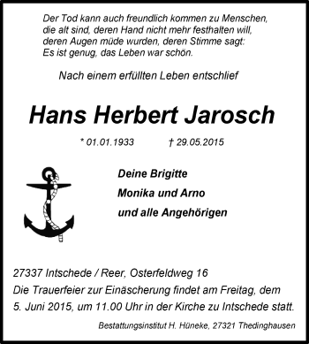 Traueranzeige von Hans Herbert Jarosch von KRZ