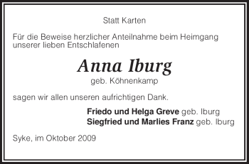 Traueranzeige von Anna Iburg von KREISZEITUNG SYKE