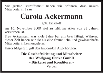 Traueranzeige von Carola Ackermann von KREISZEITUNG SYKE