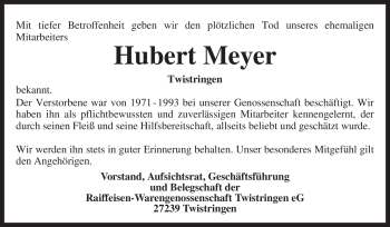 Traueranzeige von Hubert Meyer von KREISZEITUNG SYKE