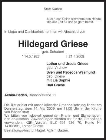 Traueranzeige von Hildegard Griese von KREISZEITUNG SYKE