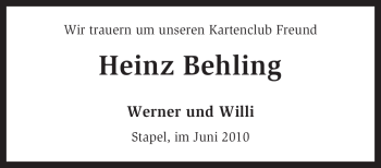 Traueranzeige von Heinz Behling von KREISZEITUNG SYKE