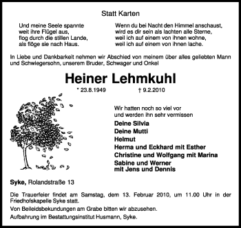 Traueranzeige von Heiner Lehmkuhl von KREISZEITUNG SYKE