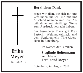Traueranzeige von Erika Meyer von KREISZEITUNG SYKE