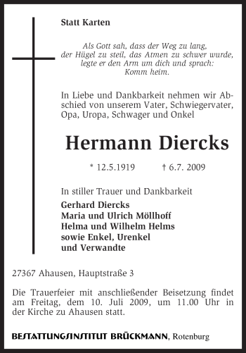 Traueranzeige von Hermann Diercks von KREISZEITUNG SYKE