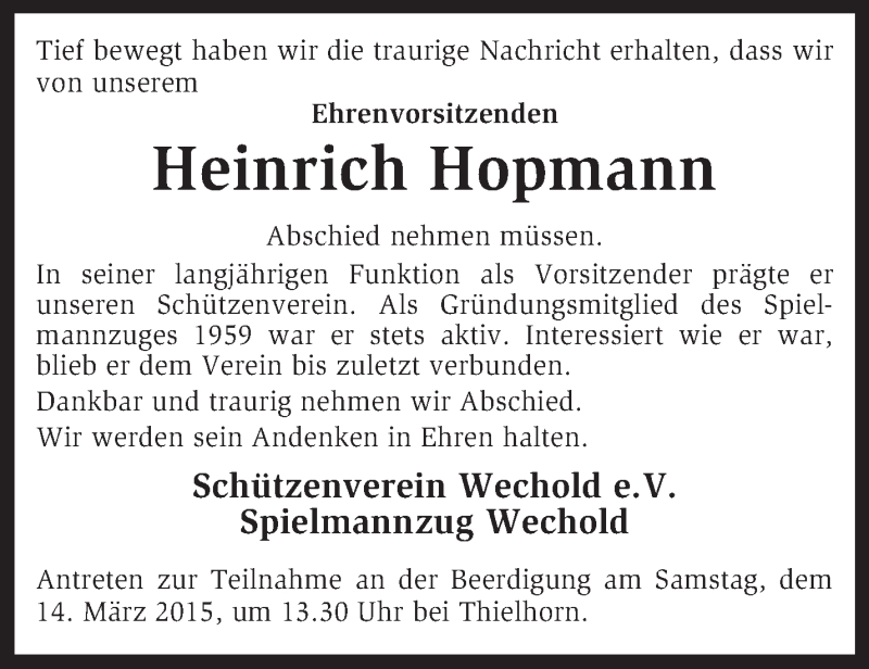  Traueranzeige für Heinrich Hopmann vom 11.03.2015 aus KRZ