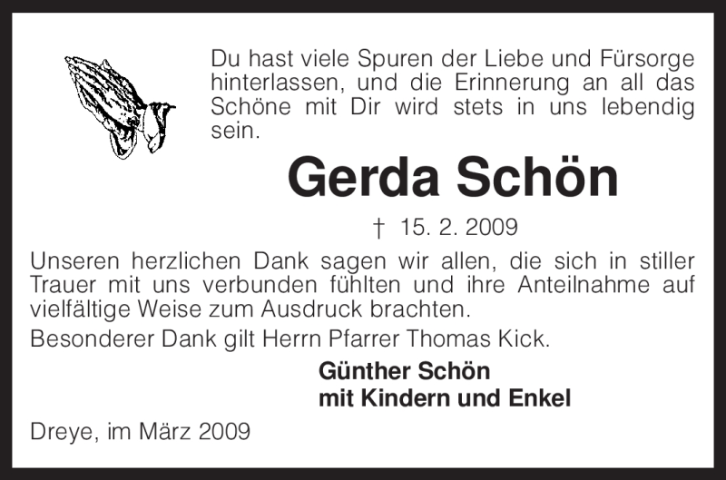  Traueranzeige für Gerda Schön vom 28.03.2009 aus KREISZEITUNG SYKE