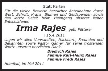 Traueranzeige von Irma Rajes von KREISZEITUNG SYKE