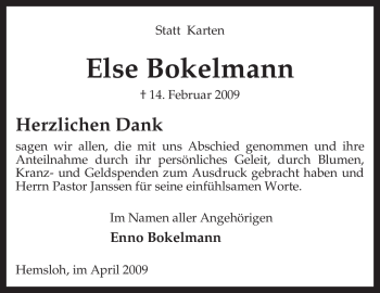 Traueranzeige von Else Bokelmann von KREISZEITUNG SYKE