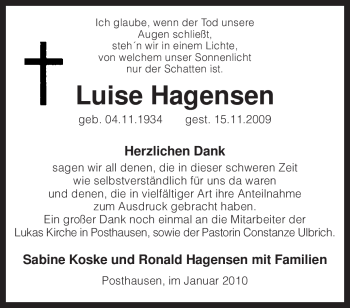 Traueranzeige von Luise Hagensen von KREISZEITUNG SYKE