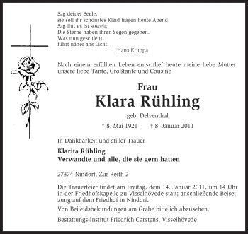 Traueranzeige von Klara Rühling von KREISZEITUNG SYKE