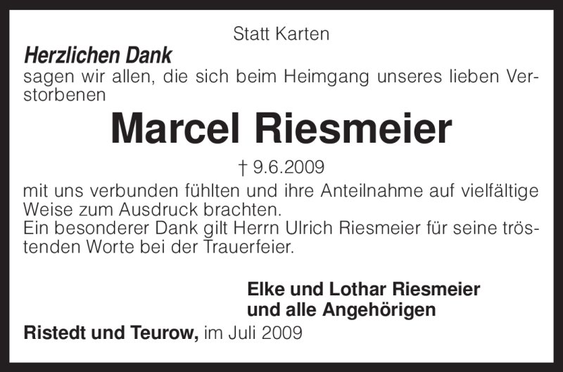  Traueranzeige für Marcel Riesmeier vom 25.07.2009 aus KREISZEITUNG SYKE