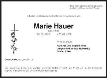 Traueranzeige von Marie Hauer von KREISZEITUNG SYKE