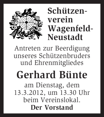 Traueranzeige von Gerhard Bünte von KREISZEITUNG SYKE