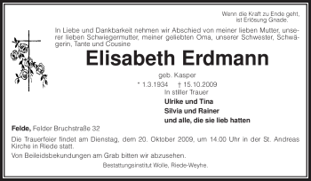 Traueranzeige von Elisabeth Erdmann von KREISZEITUNG SYKE