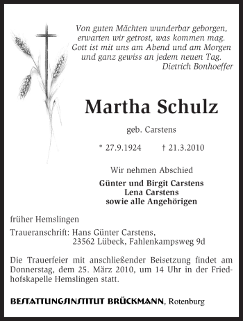 Traueranzeige von Martha Schulz von KREISZEITUNG SYKE