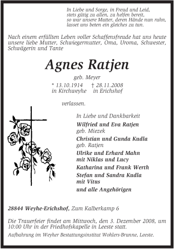 Traueranzeige von Agnes Ratjen von KREISZEITUNG SYKE